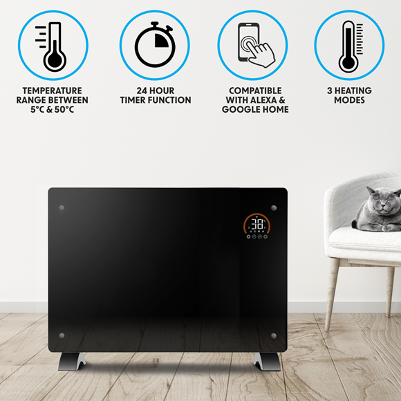 Sealey | Baridi Electric Glass Panel Heater, 2000W, Thermostat Controlled Radiator with 24Hr 7 Day Timer, Wi-Fi Enabled, Remote Control, Black - DH139