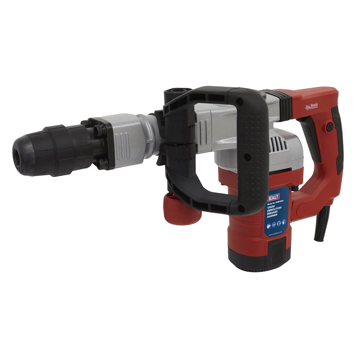 A red and black Demolition Breaker Hammer SDS MAX 1300W/230V - DHB1300 from Sealey, featuring a D-handle grip, an SDS MAX chuck, and a detachable drill bit.