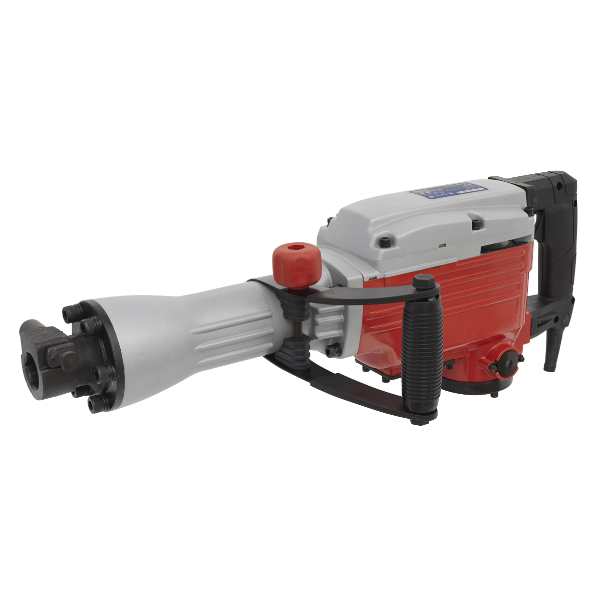 The Sealey Demolition Breaker Hammer 1600W/230V - DHB1600 is a powerful heavy-duty electric jackhammer featuring red and silver components, black handles, and an SDS-Hex chuck. Designed for construction work, it also includes an anti-fatigue trigger-lock for extended use.