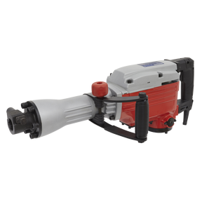 The Sealey Demolition Breaker Hammer 1600W/230V - DHB1600 is a powerful heavy-duty electric jackhammer featuring red and silver components, black handles, and an SDS-Hex chuck. Designed for construction work, it also includes an anti-fatigue trigger-lock for extended use.