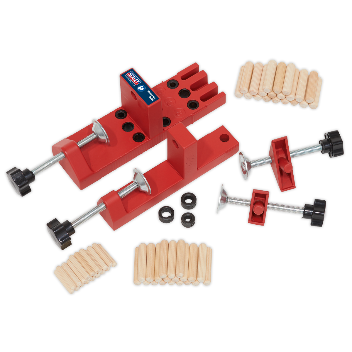 The Sealey Universal Dowelling Jig Set - DJ01 includes red corner clamps, several wooden dowels, clamp screws, and plastic spacers, making it ideal for creating precise dowel joints; all displayed on a white background.