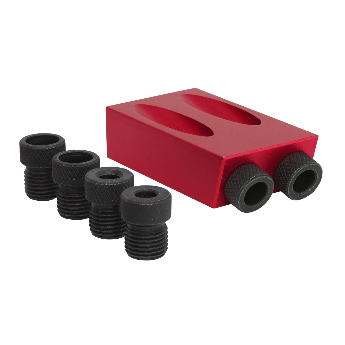 The Sealey Dowelling Jig Set 7pc Angled Pocket - DJ02 includes a red metal block featuring two holes, along with five black threaded cylindrical pieces, perfect for use with a pocket-sized dowel jig.