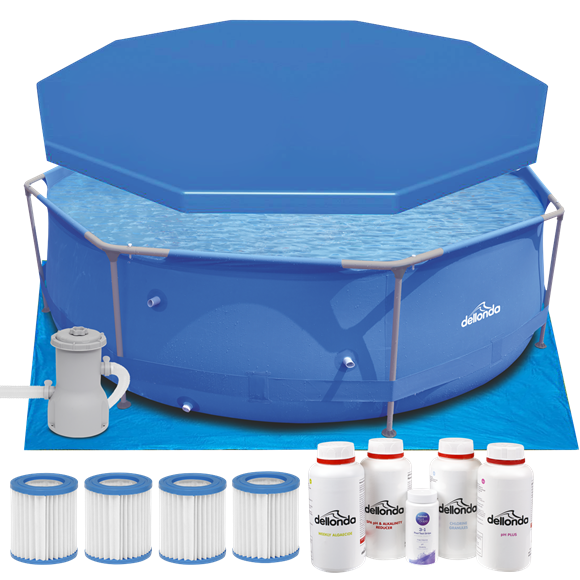 Sealey | Dellonda Steel Frame Round Swimming Pool & Filter Pump with Cover, Ground Sheet, Test Strips, Starter Kit & Filters 10ft - Blue - DL137