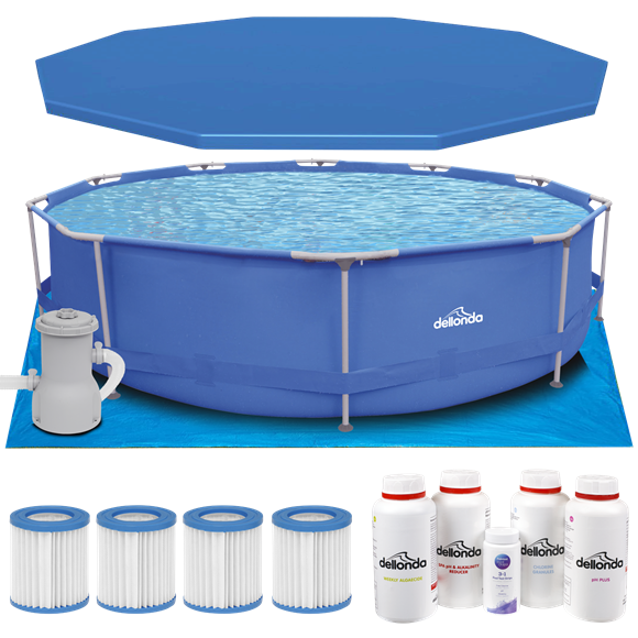 Sealey | Dellonda Steel Frame Round Swimming Pool & Filter Pump with Cover, Ground Sheet, Test Strips, Starter Kit & Filters 12ft - Blue - DL138