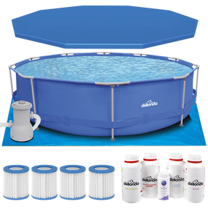 Sealey | Dellonda Steel Frame Round Swimming Pool & Filter Pump with Cover, Ground Sheet, Test Strips, Starter Kit & Filters 12ft - Blue - DL138