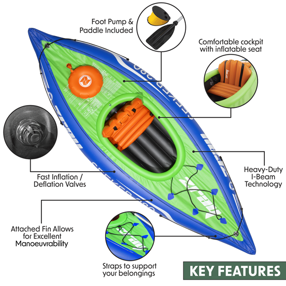 Sealey | Dellonda Inflatable One Person Kayak/Canoe Set with Pump, Carry Bag & Aluminium Oar - Blue/Green - DL154