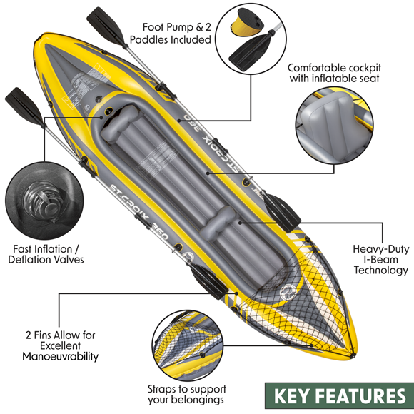 Sealey | Dellonda Inflatable 2-Person Kayak/Canoe Set with Pump, Carry Bag & 2 Oars - Blue/Yellow/White - DL155