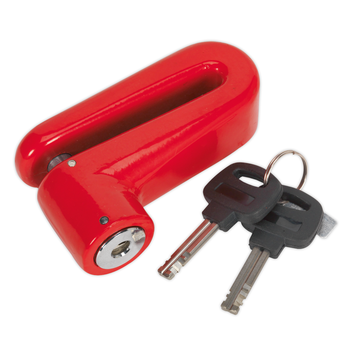 A Sealey Motorcycle Disc Brake Lock Ø10mm - DL503, featuring a hardened locking pin, comes in a vibrant red U-shape and includes two keys.