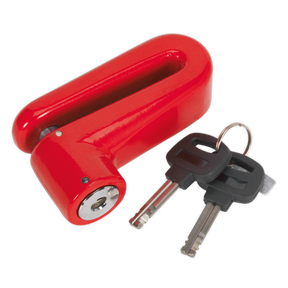 A Sealey Motorcycle Disc Brake Lock Ø10mm - DL503, featuring a hardened locking pin, comes in a vibrant red U-shape and includes two keys.