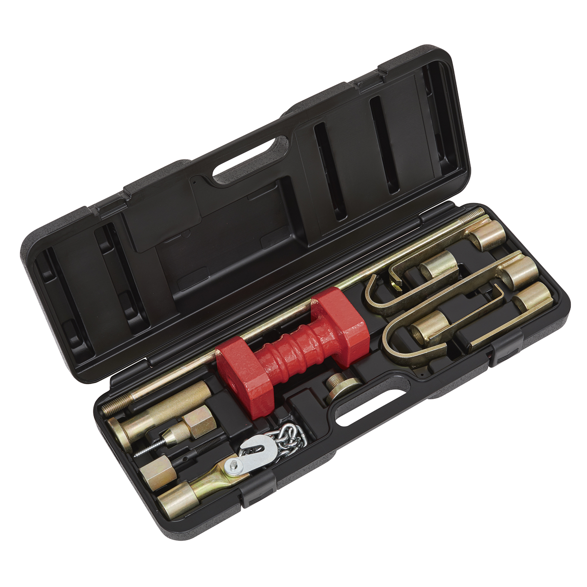 The Sealey Slide Hammer Set 10pc Heavy-Duty - DP90 features an assortment of metal components, including a red device, U-shaped parts, and connectors designed for vehicle chassis work, all neatly stored in a black plastic case.