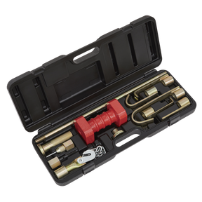 The Sealey Slide Hammer Set 10pc Heavy-Duty - DP90 features an assortment of metal components, including a red device, U-shaped parts, and connectors designed for vehicle chassis work, all neatly stored in a black plastic case.