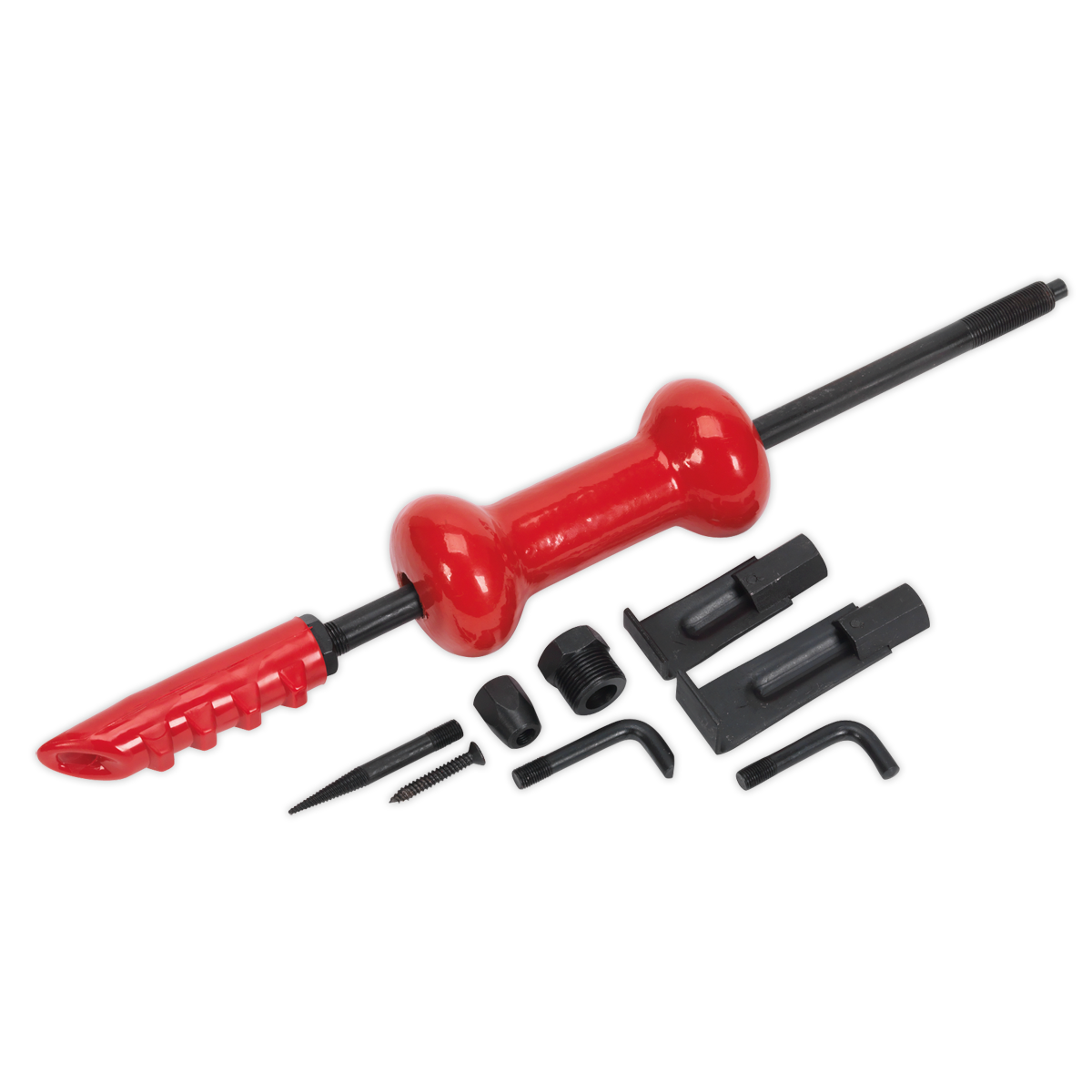 The Sealey Slide Hammer Kit 9pc 2.1kg - DP945 features a red design, rubber grip handle, and various attachments for pulling dents from vehicle panels.