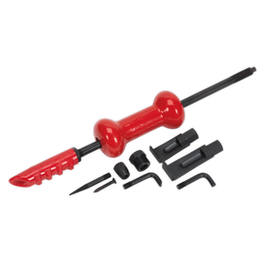 The Sealey Slide Hammer Kit 9pc 2.1kg - DP945 features a red design, rubber grip handle, and various attachments for pulling dents from vehicle panels.