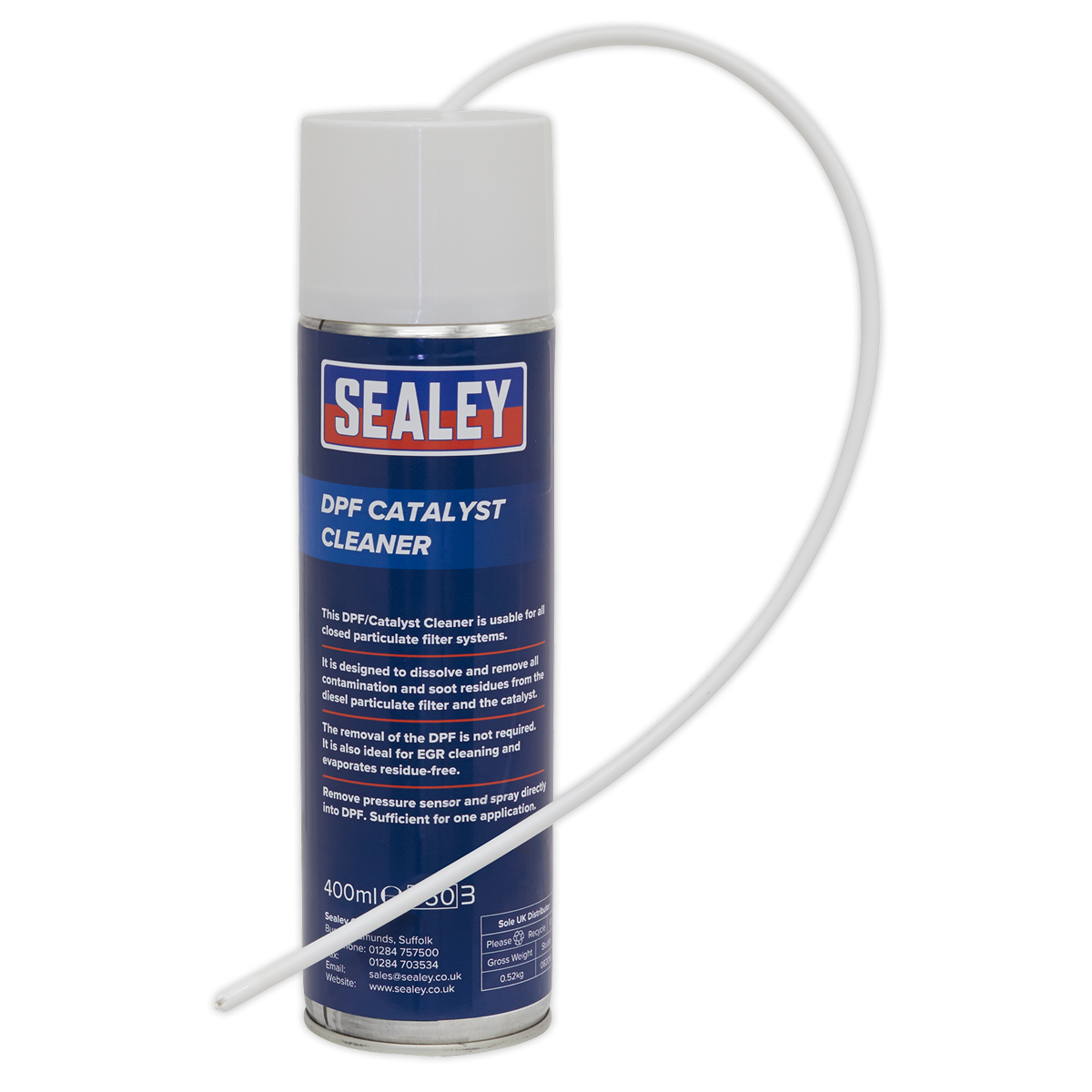 The Sealey DPF Catalyst Cleaner - DPFCA400 spray can, designed for cleaning diesel particulate filter systems, is equipped with a long, thin applicator hose. This efficient cleaner ensures thorough maintenance of your vehicle's system.