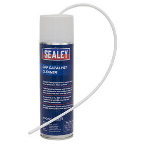 The Sealey DPF Catalyst Cleaner - DPFCA400 spray can, designed for cleaning diesel particulate filter systems, is equipped with a long, thin applicator hose. This efficient cleaner ensures thorough maintenance of your vehicle's system.