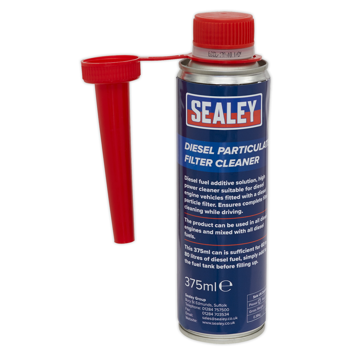 A can of Sealey Diesel Particulate Filter Cleaner 375ml - DPFPC375 with a red funnel attached. The label on the can provides details about its use and specifications as an essential diesel engine cleaner for maintaining optimal performance.