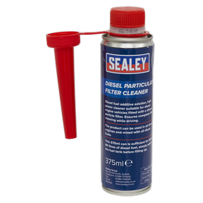 A can of Sealey Diesel Particulate Filter Cleaner 375ml - DPFPC375 with a red funnel attached. The label on the can provides details about its use and specifications as an essential diesel engine cleaner for maintaining optimal performance.