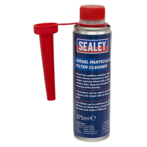 A can of Sealey Diesel Particulate Filter Cleaner 375ml - DPFPC375 with a red funnel attached. The label on the can provides details about its use and specifications as an essential diesel engine cleaner for maintaining optimal performance.