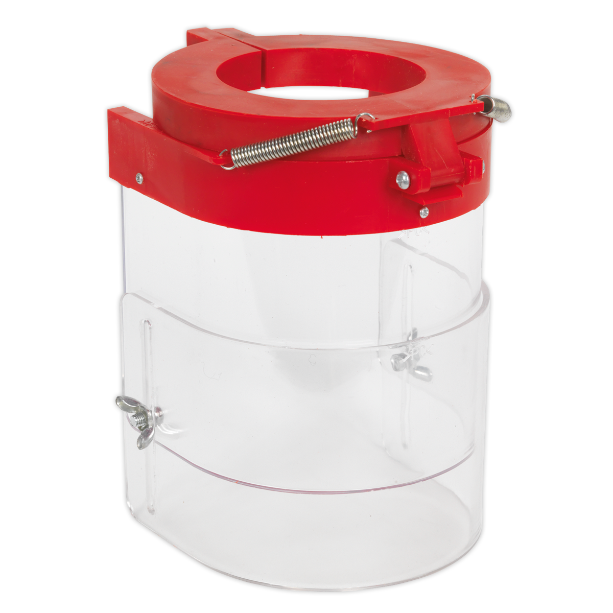 A clear cylindrical container with a red lid, featuring a spring mechanism, metal latches, and flip-up safety guards by Sealey; known as the Drill Press Guard Ø75mm - DPG230.