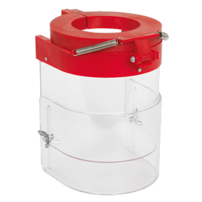 A clear cylindrical container with a red lid, featuring a spring mechanism, metal latches, and flip-up safety guards by Sealey; known as the Drill Press Guard Ø75mm - DPG230.