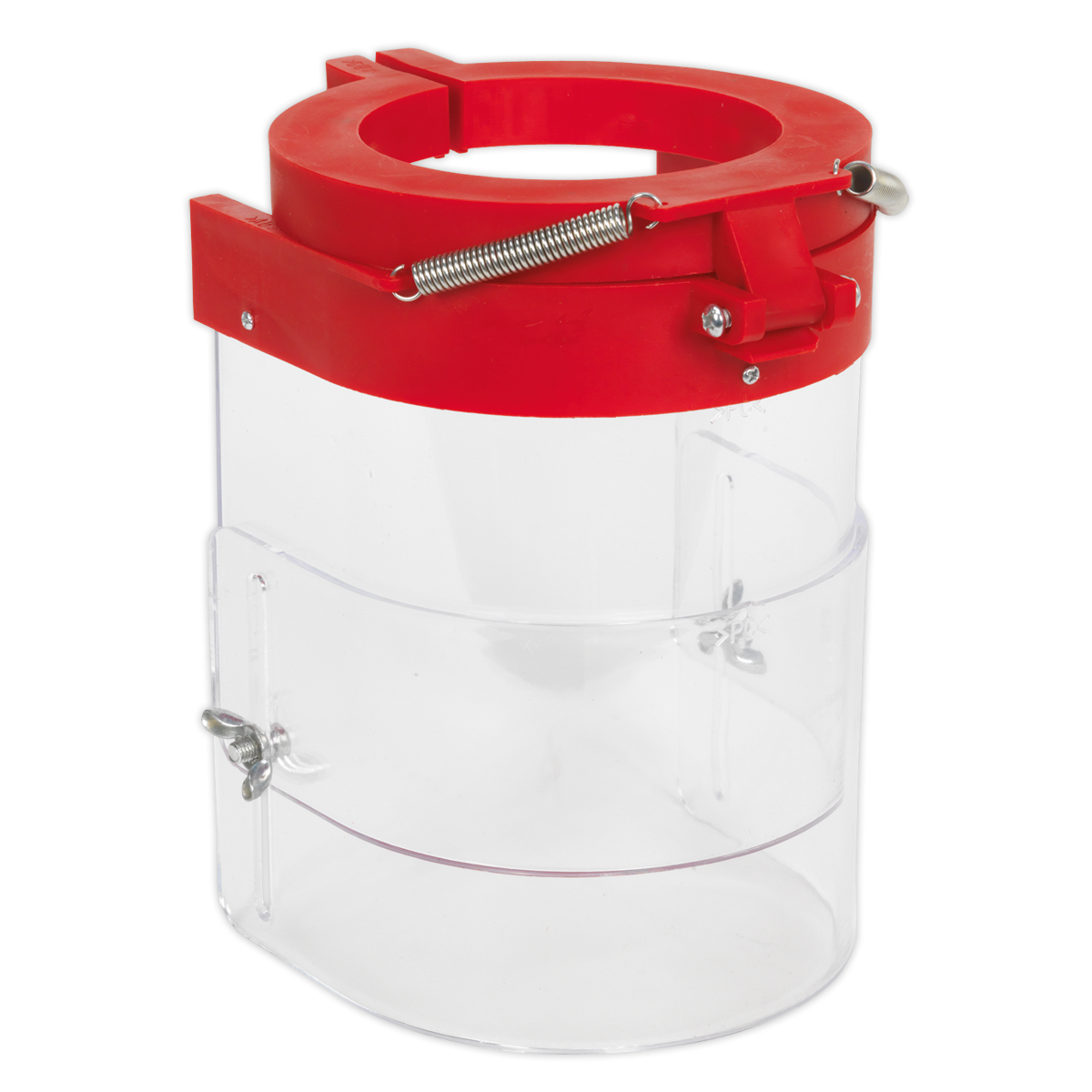 The Sealey Drill Press Guard 85mm - DPG240 is a transparent cylindrical container with a red lid, featuring metal clasps and a spring mechanism on the top, reminiscent of the sturdy design seen in Sealey pillar drills.