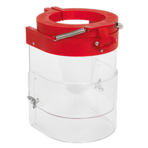 The Sealey Drill Press Guard 85mm - DPG240 is a transparent cylindrical container with a red lid, featuring metal clasps and a spring mechanism on the top, reminiscent of the sturdy design seen in Sealey pillar drills.