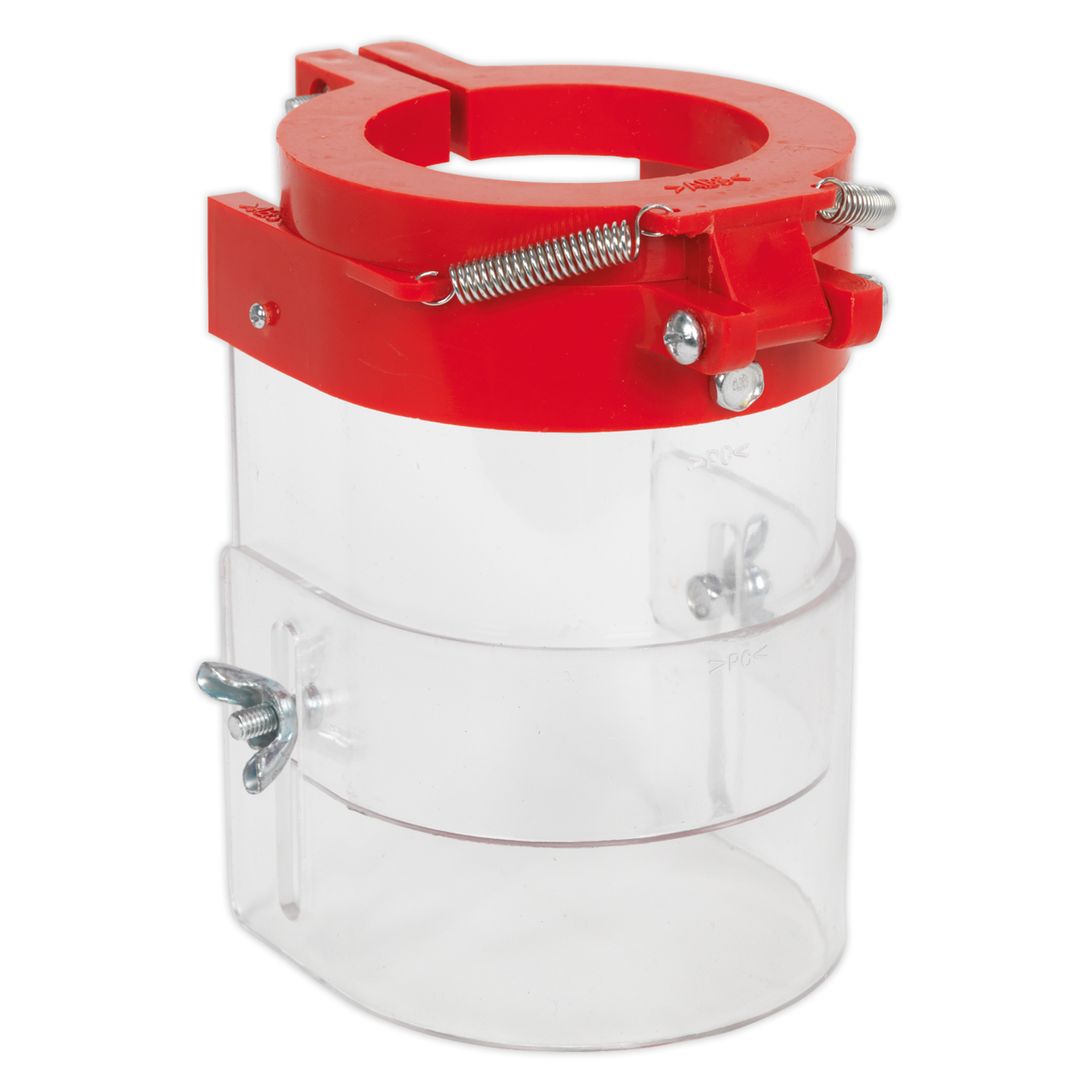 The Sealey Drill Press Guard 62mm - DPG62 is a versatile adjustable clamp system made from transparent plastic and red metal. It features a cylindrical body with wing nut screws and is commonly used with Sealey pillar drills for securing objects, adaptable to various collar sizes.