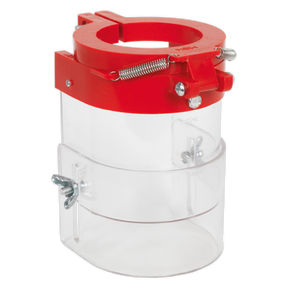 The Sealey Drill Press Guard 62mm - DPG62 is a versatile adjustable clamp system made from transparent plastic and red metal. It features a cylindrical body with wing nut screws and is commonly used with Sealey pillar drills for securing objects, adaptable to various collar sizes.