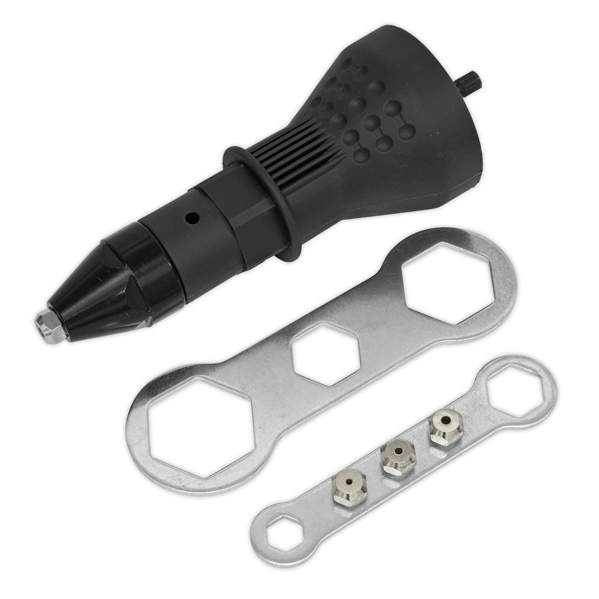 The Sealey Riveter Adaptor Drill Powered - DRA01 is a black plastic tool with a conical tip, accompanied by two flat wrenches and three small metal fittings, perfect for use with pop rivets.