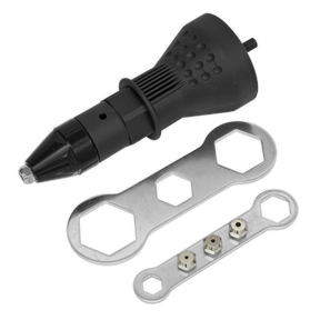 The Sealey Riveter Adaptor Drill Powered - DRA01 is a black plastic tool with a conical tip, accompanied by two flat wrenches and three small metal fittings, perfect for use with pop rivets.