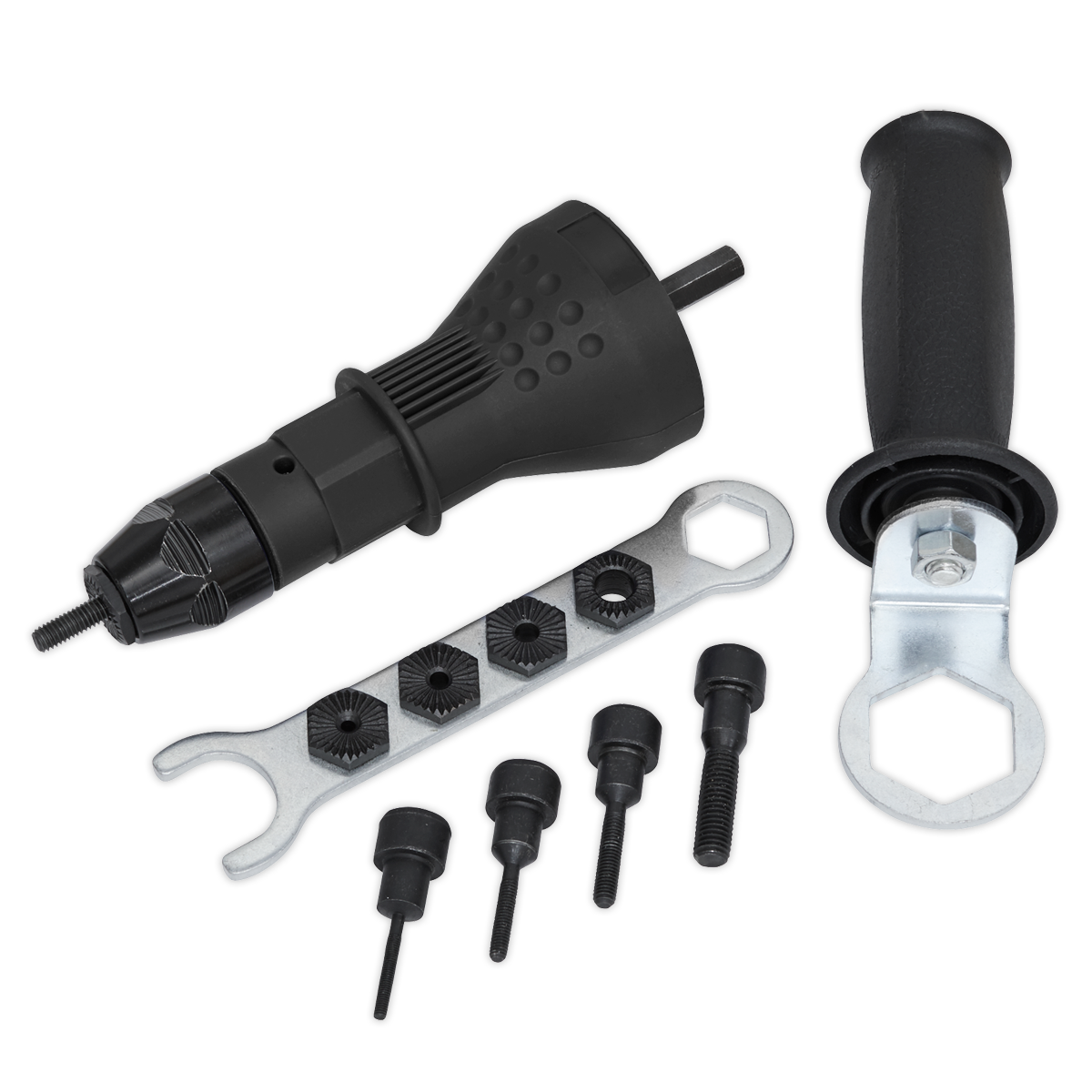 A black Rivet Nut Adaptor Drill Powered - DRA02 by Sealey, featuring a handle, a wrench, various-sized bolt heads, and durable stainless steel rivet nuts.