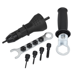 A black Rivet Nut Adaptor Drill Powered - DRA02 by Sealey, featuring a handle, a wrench, various-sized bolt heads, and durable stainless steel rivet nuts.