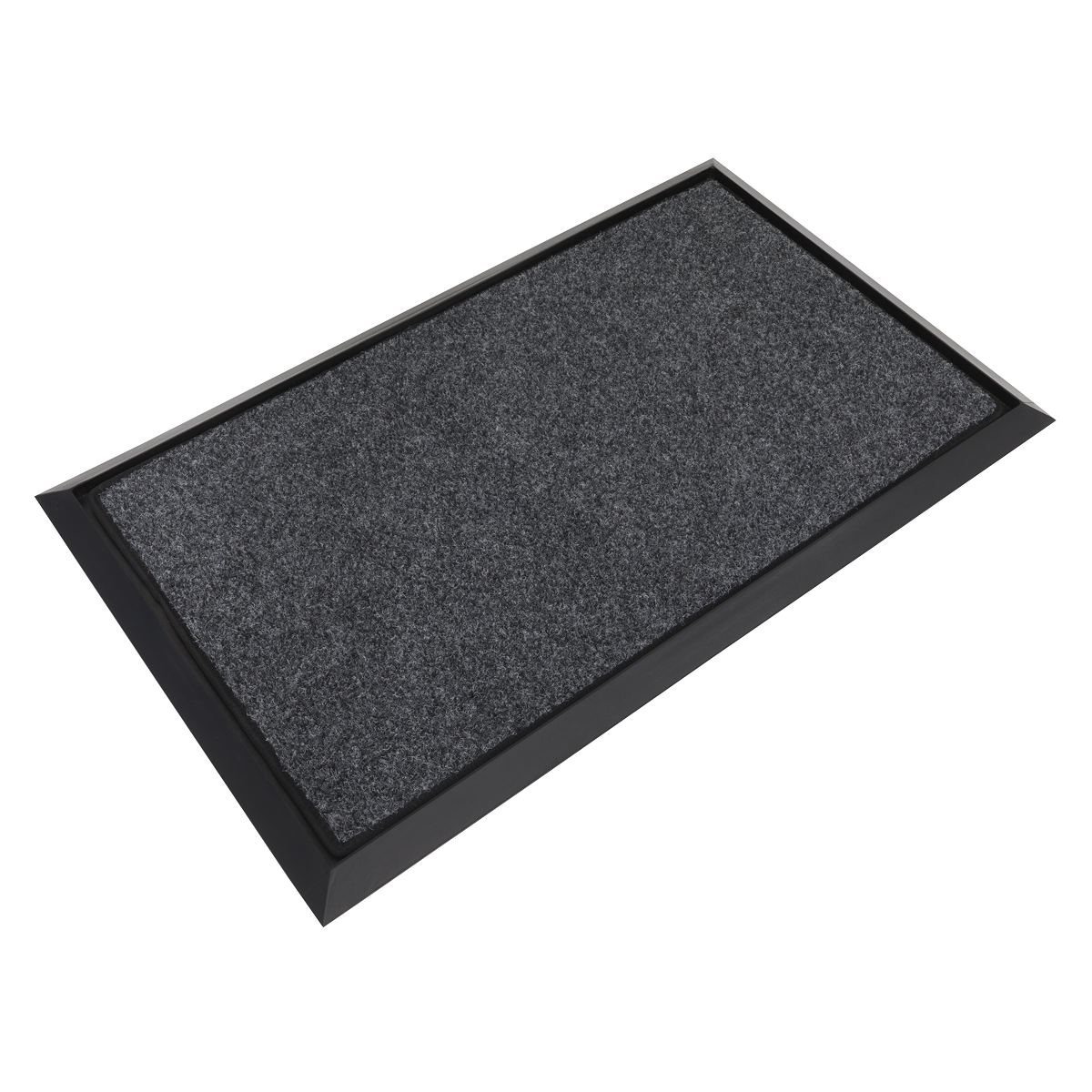 Introducing the Sealey Rubber Disinfection Mat DRM01: a rectangular doormat measuring 450 x 750mm, featuring a black-edged grey polyester carpet surface with textured fabric and a slip-resistant rubber backing.