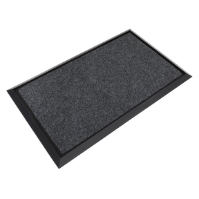 Introducing the Sealey Rubber Disinfection Mat DRM01: a rectangular doormat measuring 450 x 750mm, featuring a black-edged grey polyester carpet surface with textured fabric and a slip-resistant rubber backing.