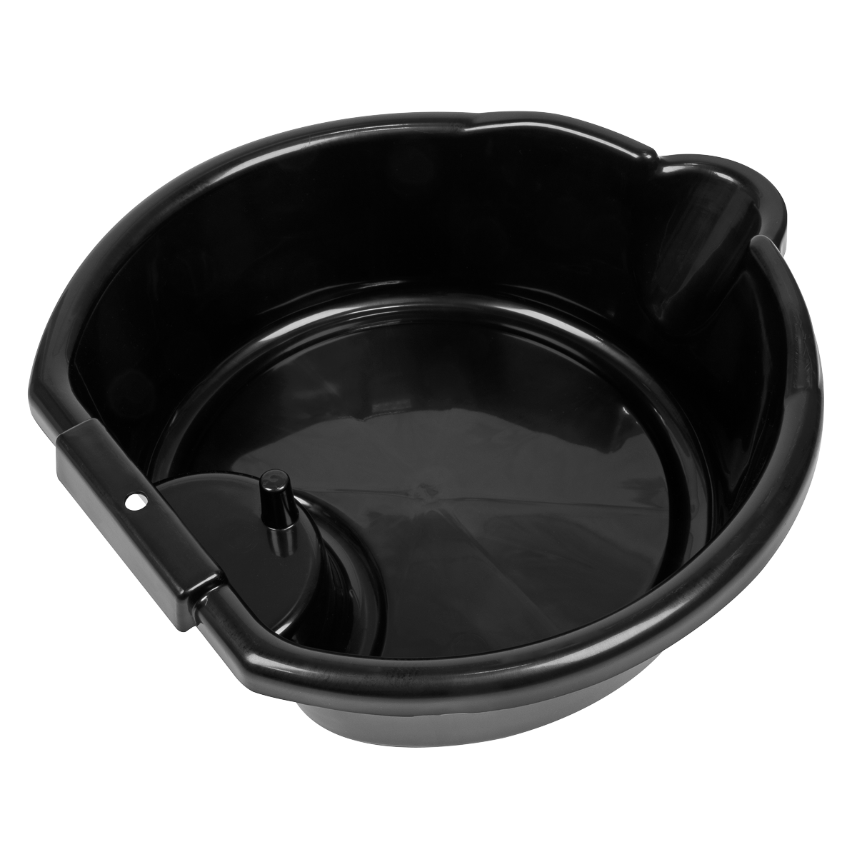 The Sealey Oil Drain Pan 4.5L - DRP00, made from durable black plastic, features a built-in handle and spout, making it perfect for an efficient oil change or draining oil filters.