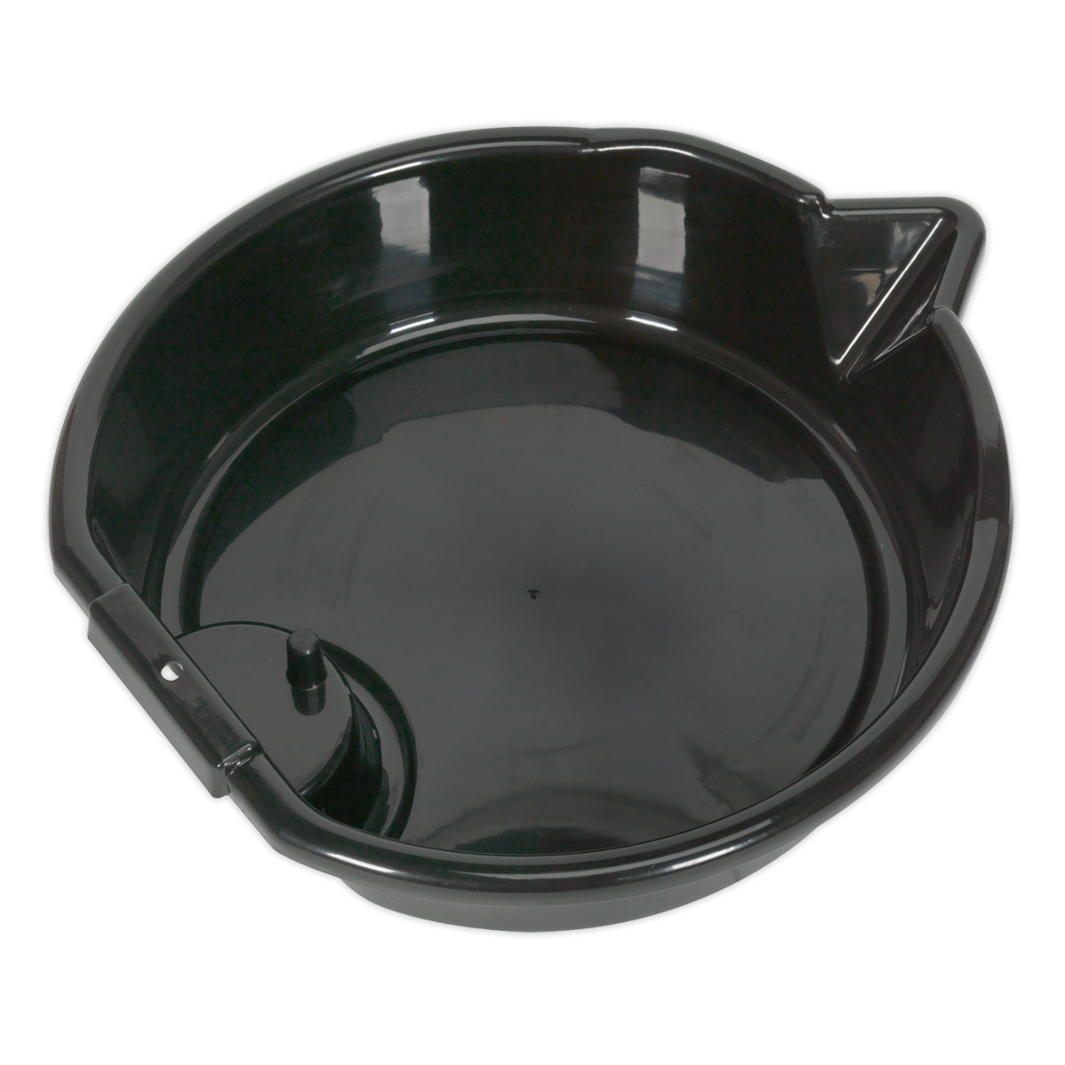 The Sealey Oil/Fluid Drain Pan 8L - DRP01 is a black plastic oil drain pan made from high-density polyethylene, featuring a spout and a handle designed for collecting and transporting used oil efficiently.