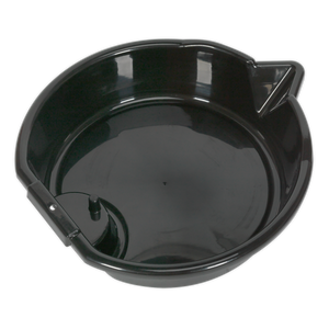 The Sealey Oil/Fluid Drain Pan 8L - DRP01 is a black plastic oil drain pan made from high-density polyethylene, featuring a spout and a handle designed for collecting and transporting used oil efficiently.