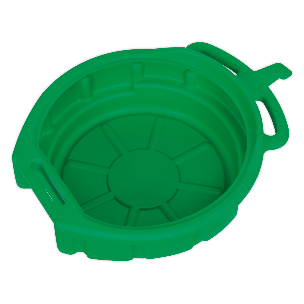 The Sealey Antifreeze/Fluid Drain Pan 17L - DRP04 is a green plastic container with a round base and two handles on opposite sides, designed for oil recovery.