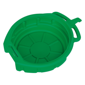The Sealey Antifreeze/Fluid Drain Pan 17L - DRP04 is a green plastic container with a round base and two handles on opposite sides, designed for oil recovery.