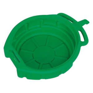 The Sealey Antifreeze/Fluid Drain Pan 17L - DRP04 is a green plastic container with a round base and two handles on opposite sides, designed for oil recovery.