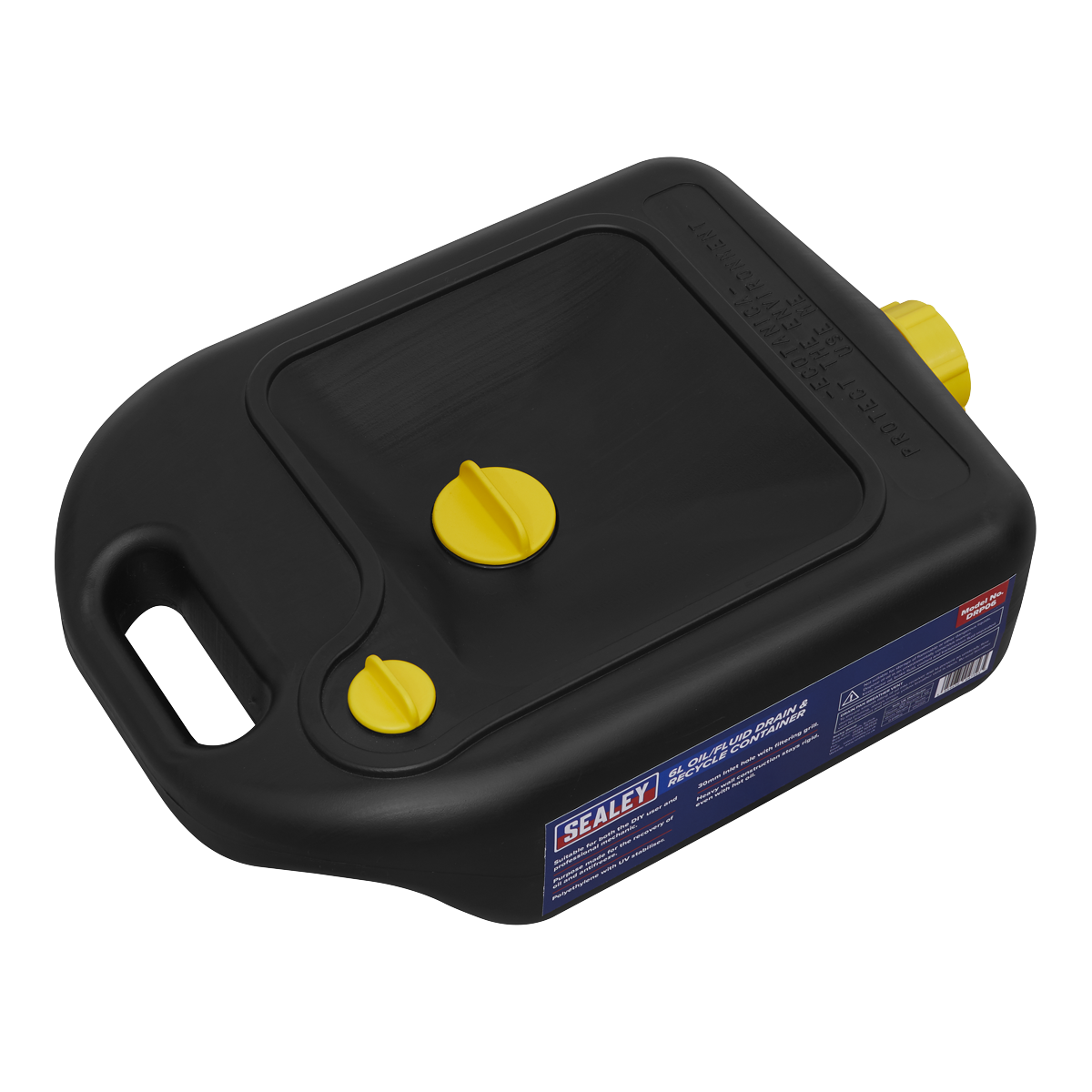 The Sealey Oil/Fluid Drain & Recycle Container 6L - DRP06 is a robust black plastic container with yellow caps and a handle, made from high-density polyethylene for long-lasting durability. Perfect for draining and transporting oil, it also serves efficiently as an oil recovery pan.