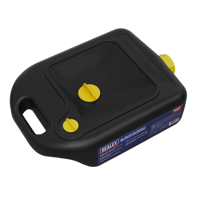 The Sealey Oil/Fluid Drain & Recycle Container 6L - DRP06 is a robust black plastic container with yellow caps and a handle, made from high-density polyethylene for long-lasting durability. Perfect for draining and transporting oil, it also serves efficiently as an oil recovery pan.