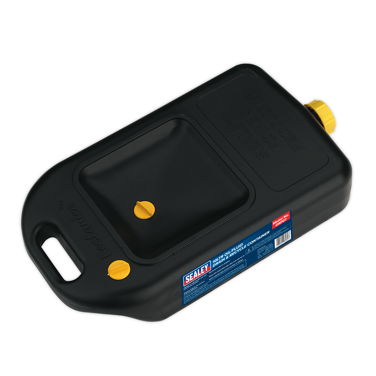 The Sealey Oil/Fluid Drain & Recycle Container 10L - DRP07 is a black, rectangular oil drain pan featuring a spout and two yellow caps: one for draining and another for venting. Ideal for oil recovery.