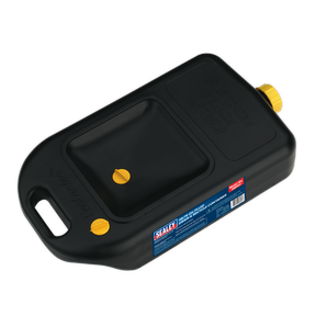 The Sealey Oil/Fluid Drain & Recycle Container 10L - DRP07 is a black, rectangular oil drain pan featuring a spout and two yellow caps: one for draining and another for venting. Ideal for oil recovery.