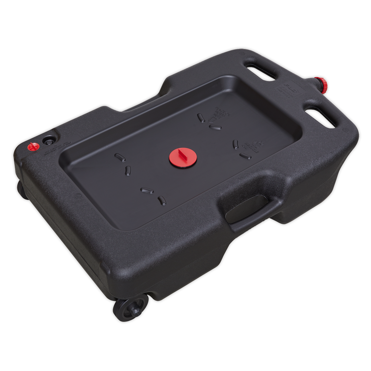 The Sealey Oil/Fluid Drain & Recycling Container 54L - Wheeled - DRP09 is a heavy-duty black plastic oil drainer that comes with a red screw cap and built-in handles. Featuring wheels for easy mobility, it also offers convenient oil filter drain positions for efficient waste oil collection.