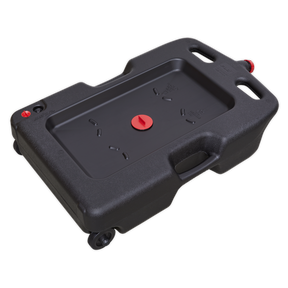 The Sealey Oil/Fluid Drain & Recycling Container 54L - Wheeled - DRP09 is a heavy-duty black plastic oil drainer that comes with a red screw cap and built-in handles. Featuring wheels for easy mobility, it also offers convenient oil filter drain positions for efficient waste oil collection.