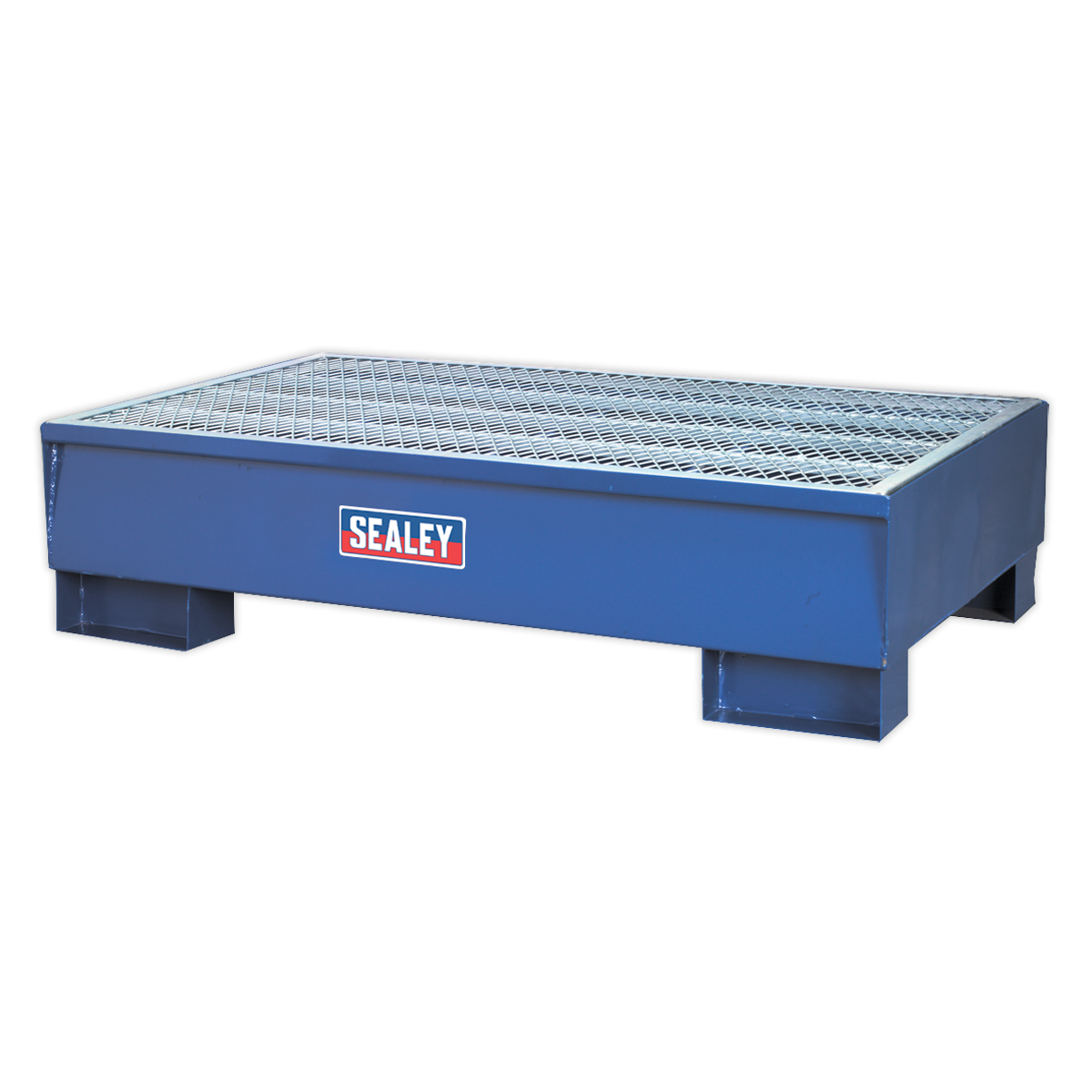 A Sealey Barrel Bund 1340 x 800 x 335mm - DRP10 metal containment drum pallet with a grid top and raised sides, designed for holding large containers, ensuring compliance with oil storage regulations.