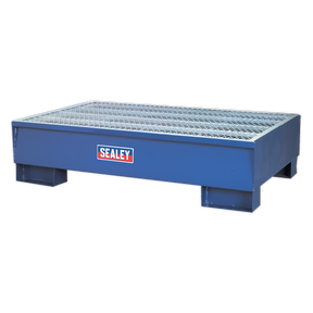 A Sealey Barrel Bund 1340 x 800 x 335mm - DRP10 metal containment drum pallet with a grid top and raised sides, designed for holding large containers, ensuring compliance with oil storage regulations.