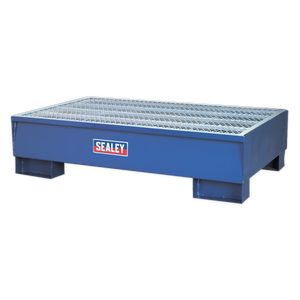 A Sealey Barrel Bund 1340 x 800 x 335mm - DRP10 metal containment drum pallet with a grid top and raised sides, designed for holding large containers, ensuring compliance with oil storage regulations.