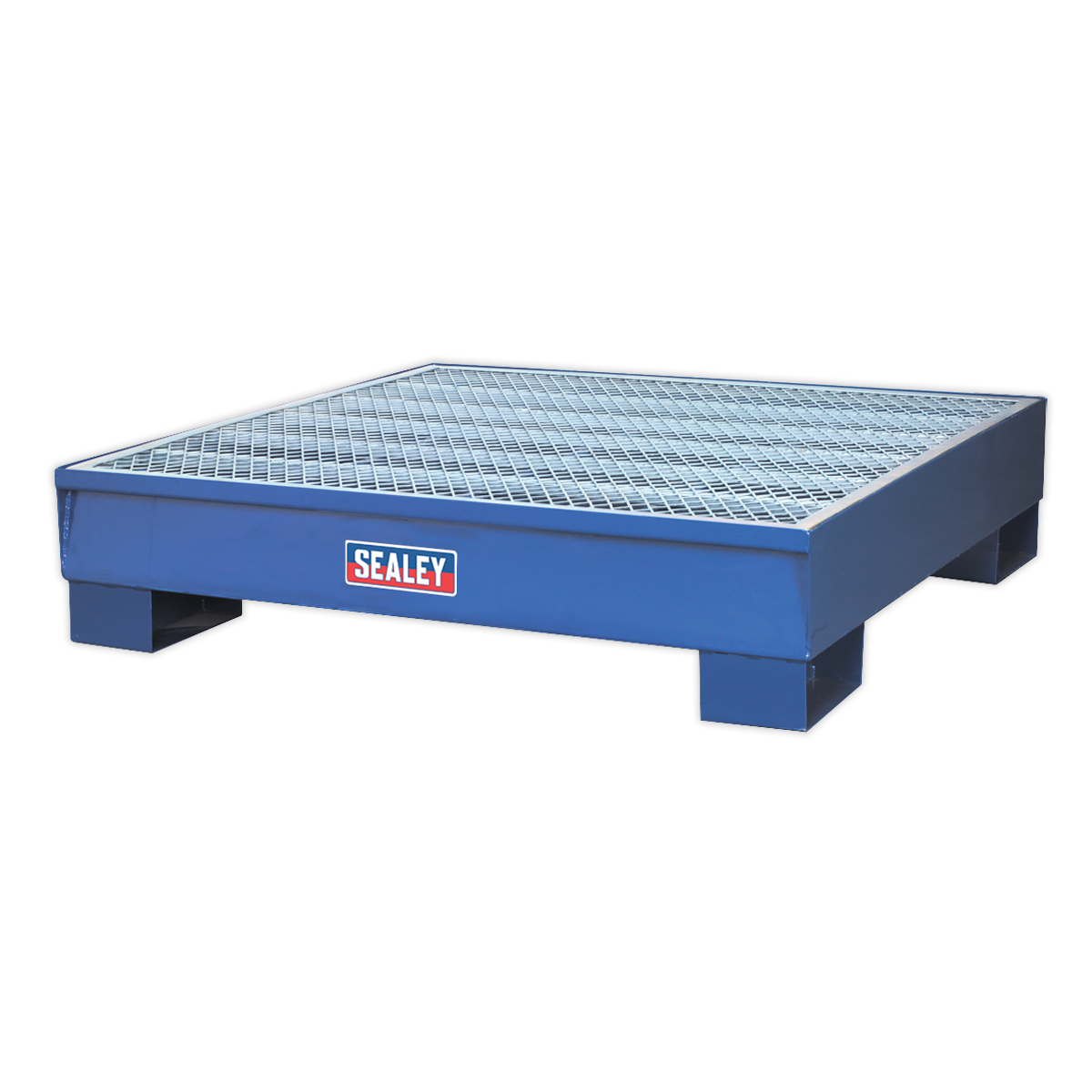 The Sealey Barrel Bund 1200 x 1200 x 275mm - DRP11 is a blue steel spill pallet with a grid top designed for holding barrels. It features four sturdy legs for stability and is compliant with oil storage regulations.